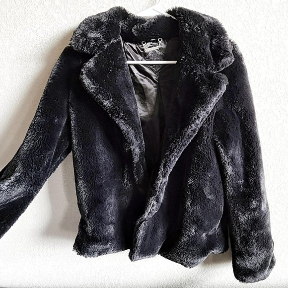 Jou Jou Black Notch-Collar Faux-Fur Jacket Coat - Picture 2 of 8